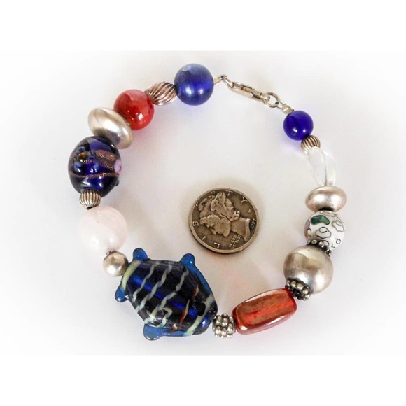 Vintage Sterling Silver Fish Charm Bracelet – Glass & Quartz 7" - Picture 3 of 5